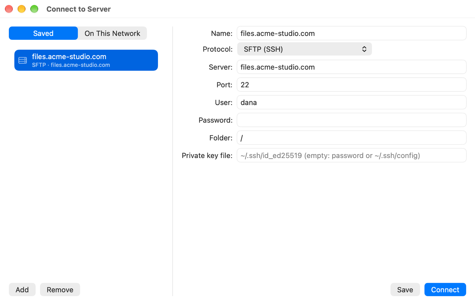 Connect to Server with an SFTP server filled in
