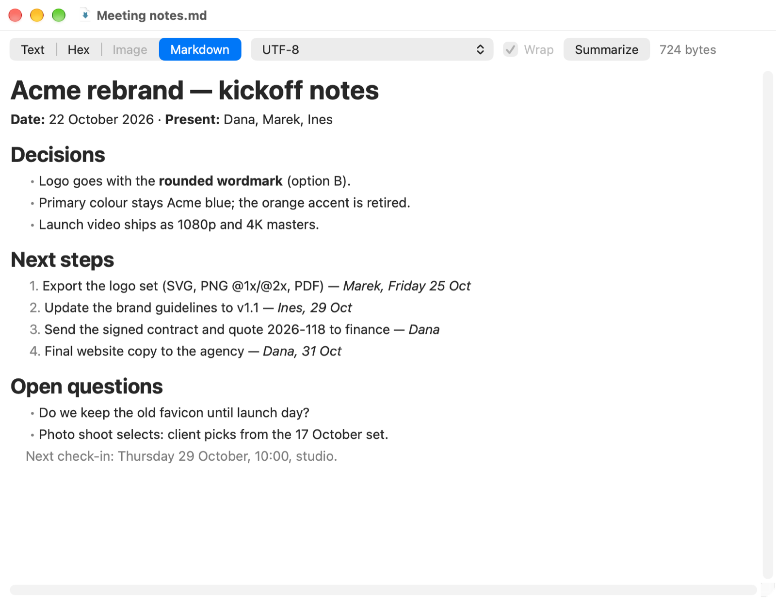 The Lister showing meeting notes rendered from Markdown