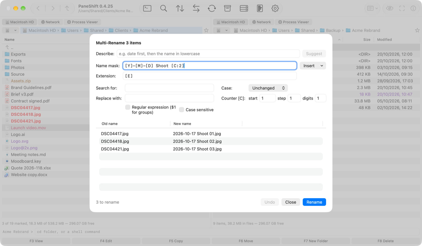 The Multi-Rename Tool turning three DSC photos into dated names with a counter